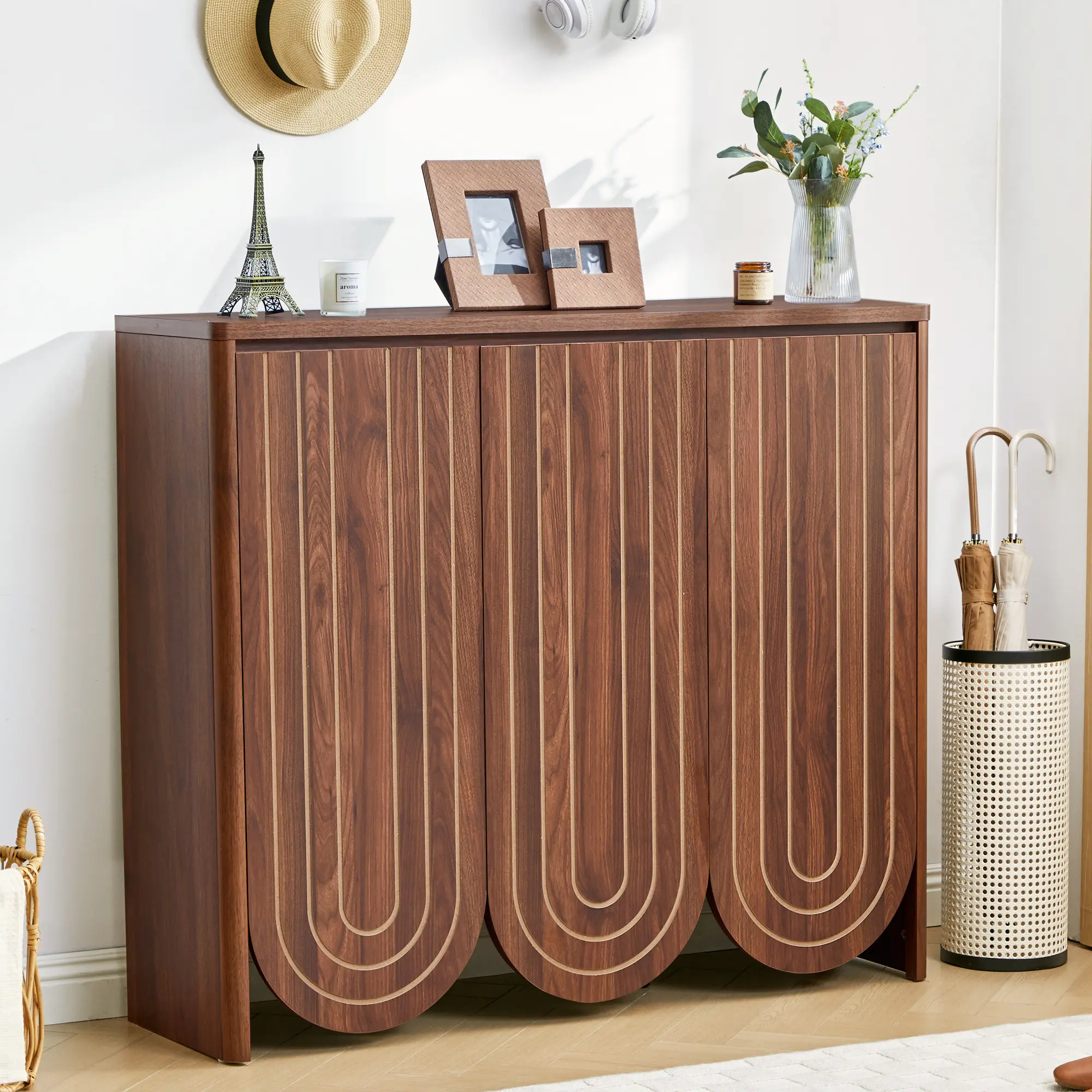 Giratree Contemporary 47.2" Wide x 13.8" Deep x 40.9" High Wooden Shoe Cabinet, 3 Arched Fluted Doors, Adjustable Shelves, Durable Entryway Storage for Hallway, Closet Area, Assembly Required