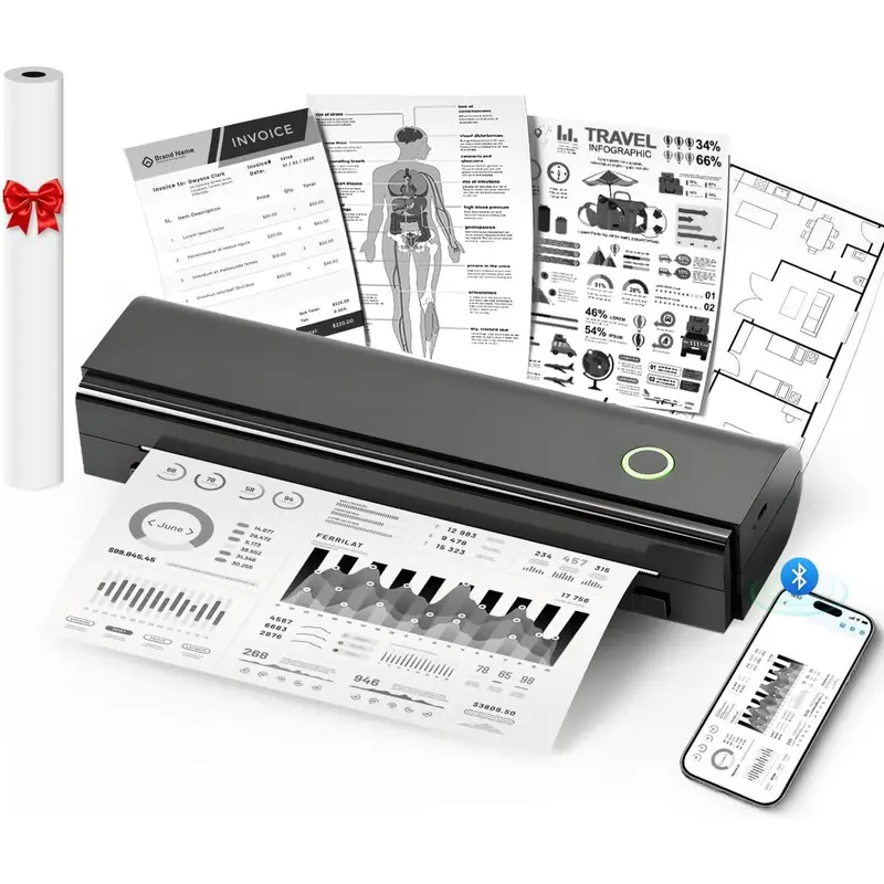 Portable Printer, Wireless Bluetooth Thermal Printer for Travel & Mobile Use, Compatible with iOS, Android, Laptop, Supports 8.5"x11" US Letter & A4 Paper, No Ink Needed, Ideal for Home & Office TikTokShopBlackFriday desktop wireless gadget