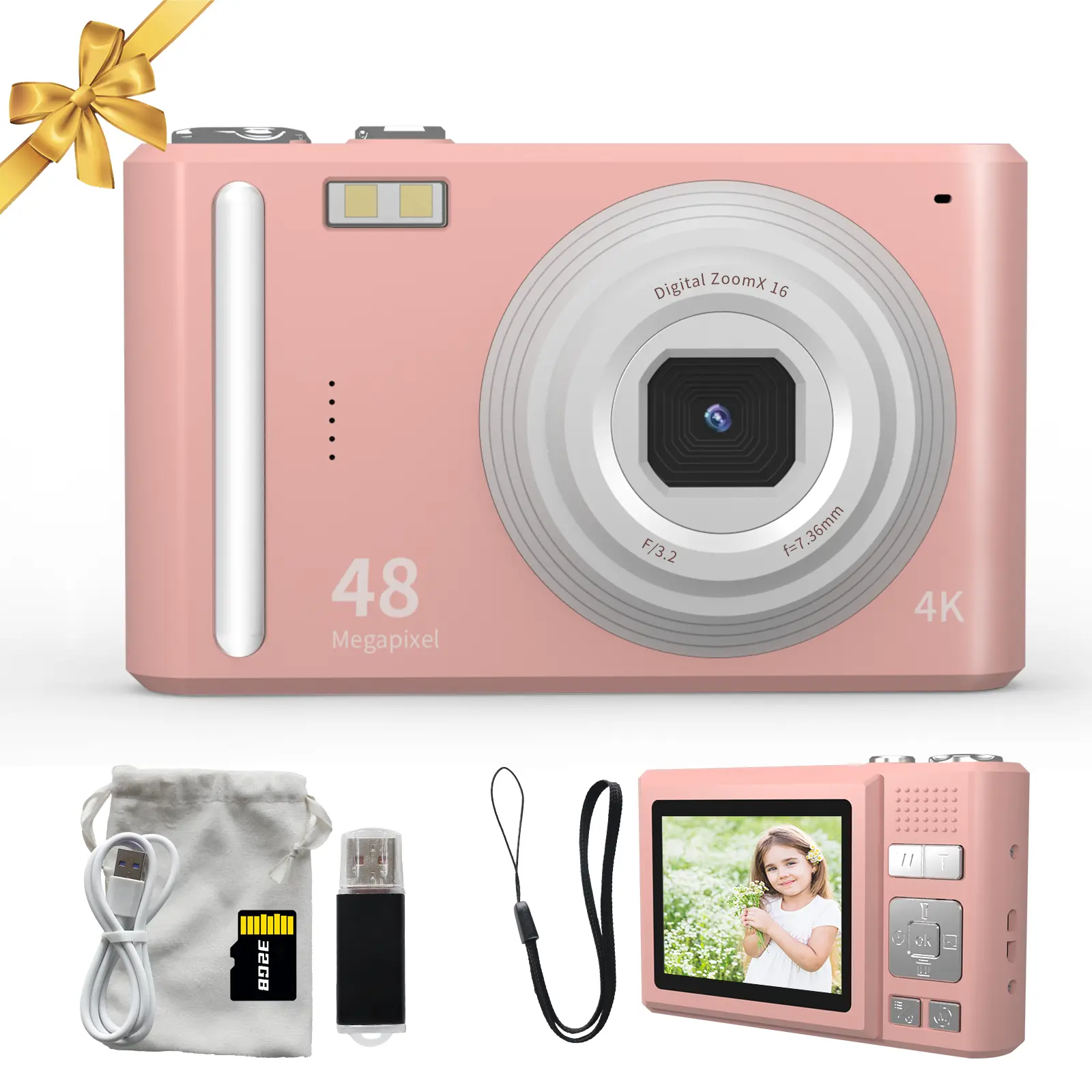 #Summervibes 4K UHD Digital Camera with 48MP Sensor, 32GB SD Card, 16X Zoom, 11 Photo Modes, For Teens & Beginners, Valentine's Day Gift Compact Portable,vintage camera, Baby Pink,Micro sd card, Teen Girl Gifts,Portable FHD Digital Camera