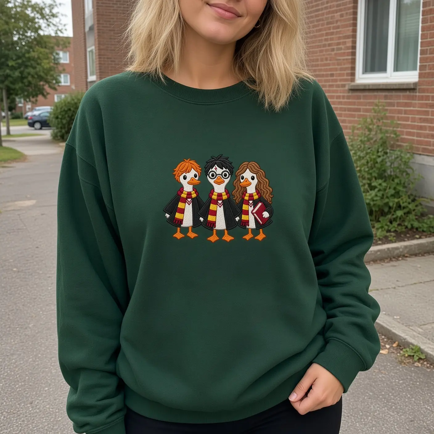 Harry Potter Goose Embroidered Sweatshirt, Golden Trio Silly Goose Crewneck, Harry Ron Hermione Goose Sweater, Hogwarts Inspired Wizard Goose Pullover, Funny Potterhead Gift, Cozy Fall Magic Sweatshirt for Women