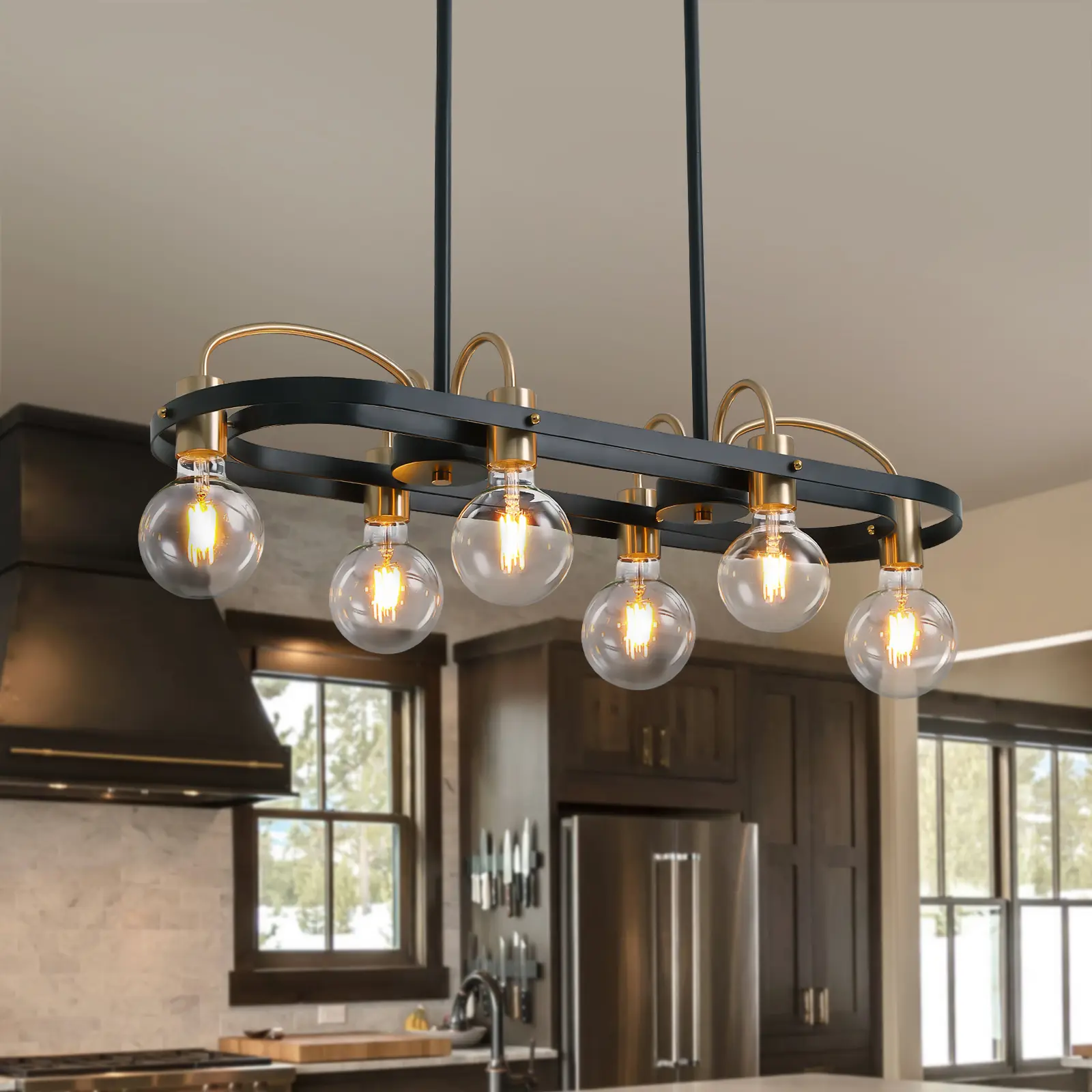 Black and Gold 6-Light Rectangular Indoor Lighting Chandelier, Linear Pendant Light Fixture for Dining Room, Kitchen Island - L30