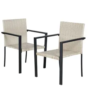 BTExpert Outdoor Patio PE Rattan Wicker Set of 2 Stackable Chairs for Garden Dining Firepit Lawn Backyard Porch Deck Armrest Steel Frame two tone Gray Conversation Accent Furniture armchairs