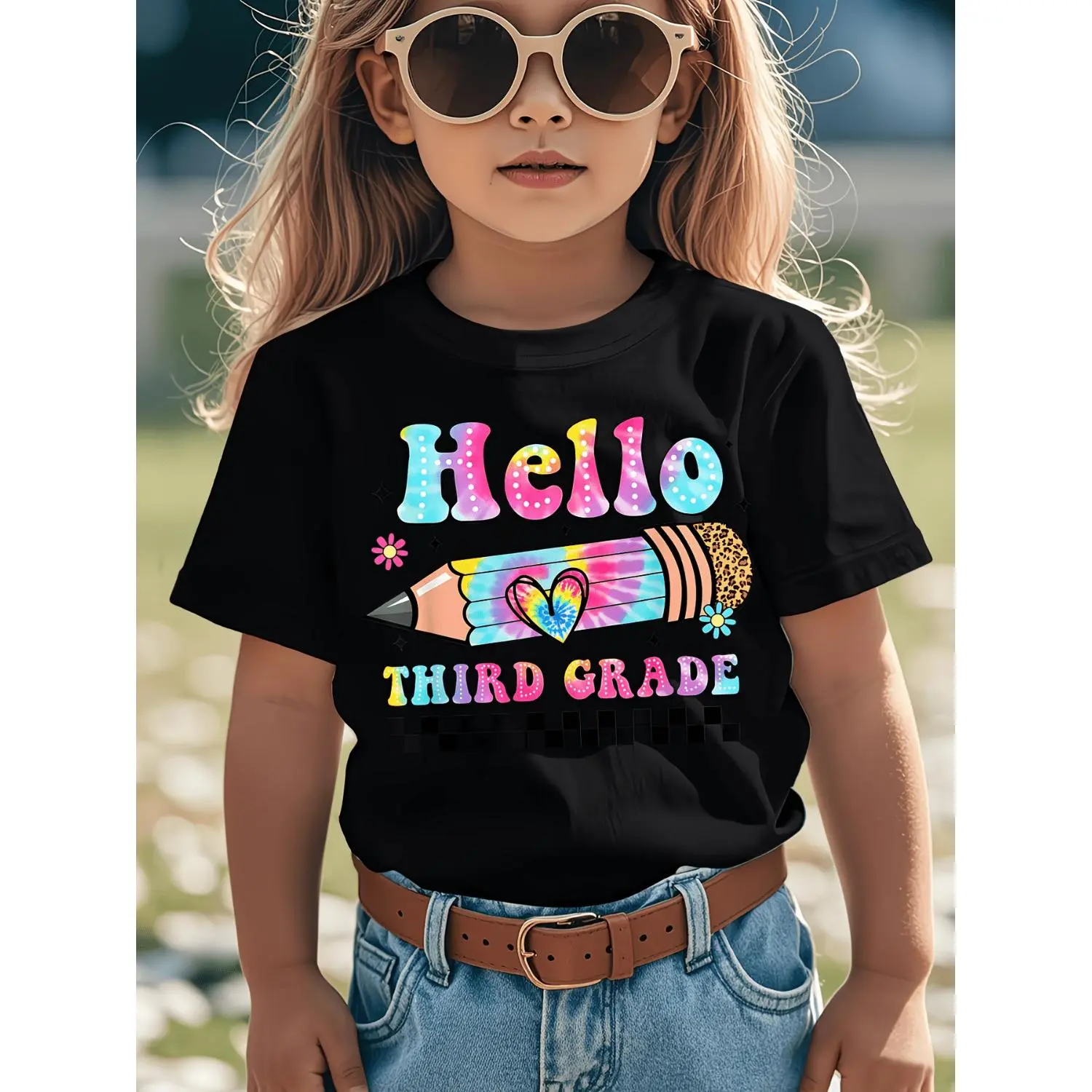 Hello 4rd Grade Tie-Dye Graphic T-Shirt - Back to School Third Grade Outfit with Leopard Print & Pencil Design, Short Sleeve Round Neck Casual Fit, All-Season for Boys & Girls, Trendy First Day of School Clothes