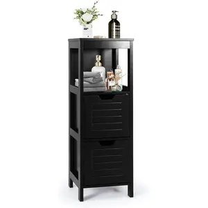 Bathroom Storage Cabinet, Freestanding Wooden Side Storage Cabinet with 2 Adjustable Drawers, Space-Saving Floor Cabinet for Living Room Bathroom Bedroom Entryway (Black)