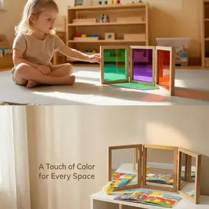 Colorful Sensory Tri-View Mirror, Multi-Angle Observation Mirror, Foldable Acrylic Mirror, Reggio Classroom Sensory Mirror, Wooden Tripod Mirror