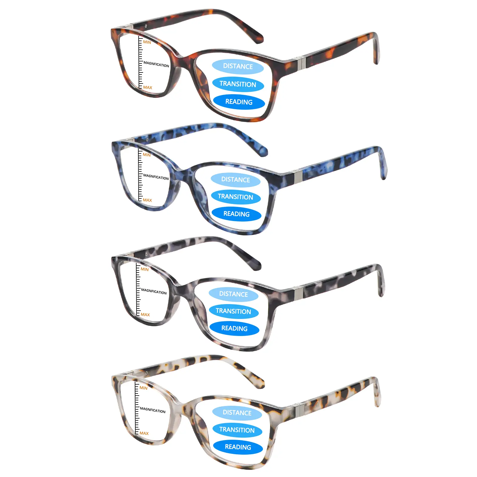Rectangular Reading Eyeglasses for Women, 4 Pack Polycarbonate Full Rim Frames with Progressive Multifocal Lenses, Blue Light Blocking Vision Aid, Ideal for First-Time Wearers, Female