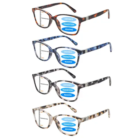 Female 4-Pack Full Rim Rectangle Polycarbonate Multifocal Eyeglasses - Blue-Light Block, Aftermarket Non-Prescription, Eye-Friendly Frames & Glasses, Multi-Size, Distance Vision Aid for First-Time Wearers