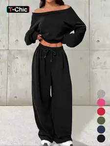 Women's Casual Hooded Sweatshirt Set, Single Shoulder Design, Loose Knit Short Top Long Sleeve, Fashionable Comfortable Wear, Fit