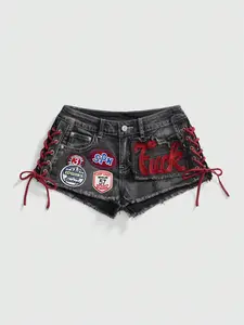Women's Y2K Retro Jersey Sports Mini Denim Shorts | Low Waist Drawstring Sexy Ballet Style Graphic Embroidered Summer Shorts