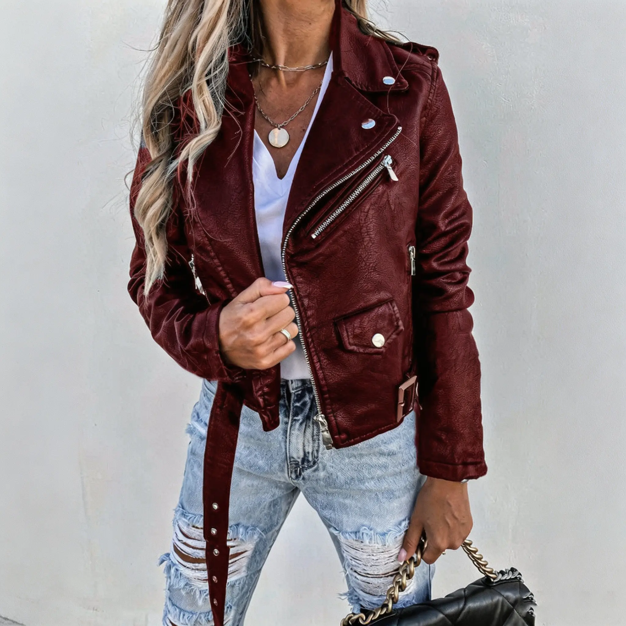 Women’s PU leather biker jacket, American vintage style, elegant outerwear for spring and autumn