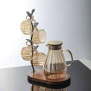 CNCEST 50oz Glass Pitcher Set Stovetop Safe Borosilicate Carafe with 4 Cups Natural Wood Stand Gift for Iced Beverages & Hot Drinks (-4°F to 482°F)