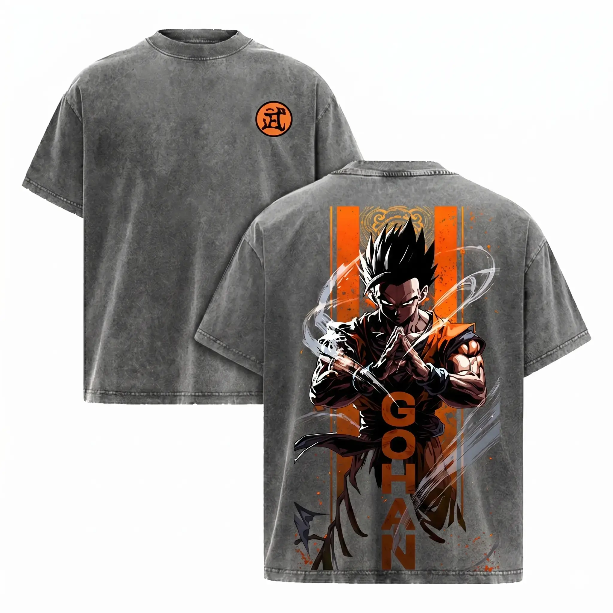 Men's Cotton Short-Sleeve Ultimate Gohan Vintage Acid Wash Print T-Shirt - Menswear Streetwear, Relaxed Oversized Dragon B Graphic Top