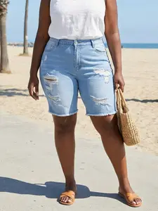 Spring Summer Plus Size Women's Denim Jeans High Waist, Fashion Slim Fit High Elasticity, Casual Blue Jeans Mid-Thigh, Zipper Fly Closure