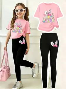 Easter Set for Girls, Bunny Ears & Egg Print, 2-Piece Round Neck Short Sleeve Top and Bottoms, Ages 4-12, Clothing Set