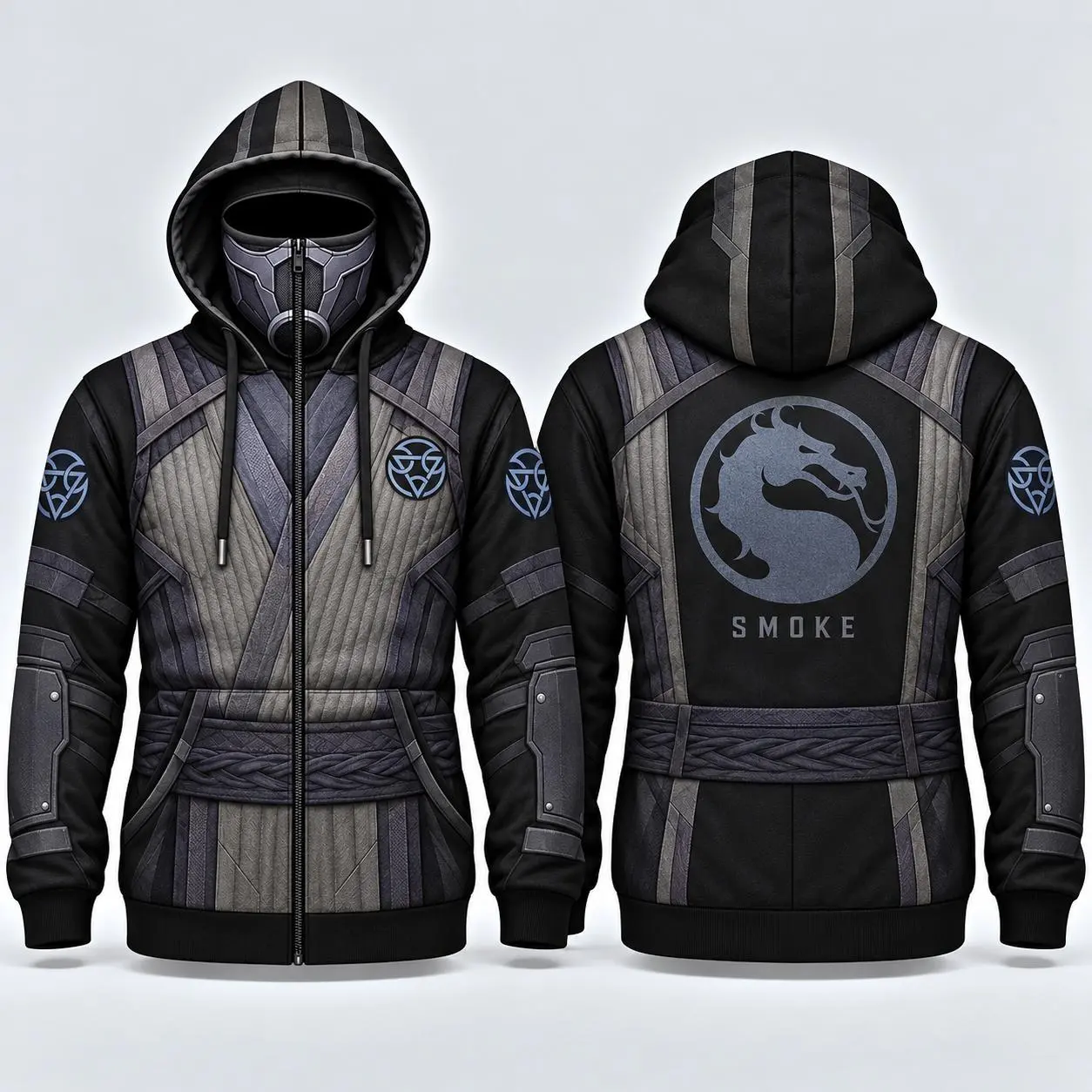 Mortal Kombat Smoke Zip-Up Hoodie, Lin Kuei Guild Built-In Face Mask Jacket, Grey Black Ninja Armor All-Over Print Hooded Sweatshirt, Cosplay Gamer Gift