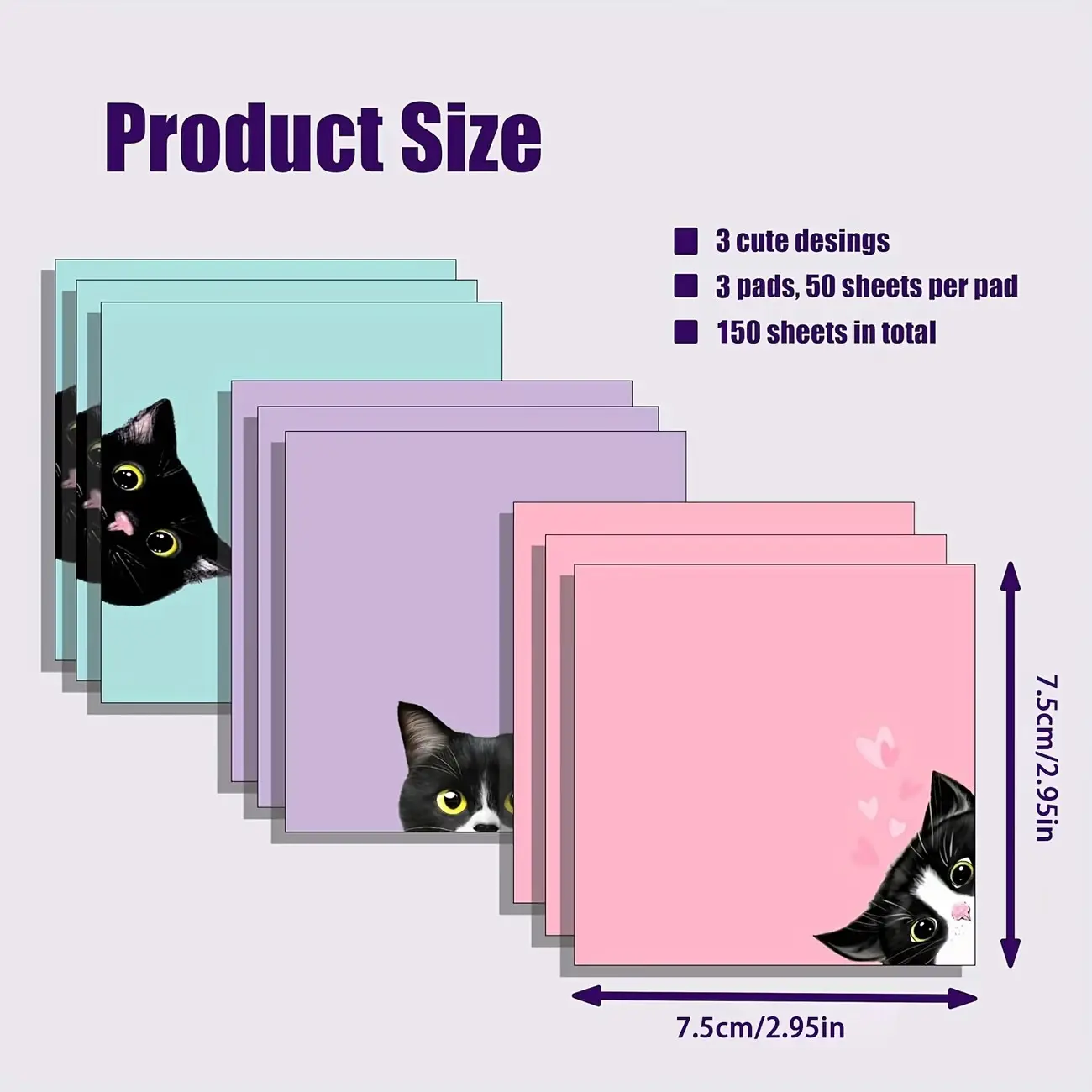 150 Sheets Cute Cat Sticky Notes 3 Mixed Designs Pink & Black Super Sticky Note Paper for School Office Supplies Stationery Set Back to School Memo Pads