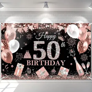 Happy 50th Birthday Banner for Women Black and Rose Gold Glitter Balloon 50 Birthday Party Backdrop 50 Year Old Bday Photo Backdrop Party Supplies 70.8 x 43.3 Inch