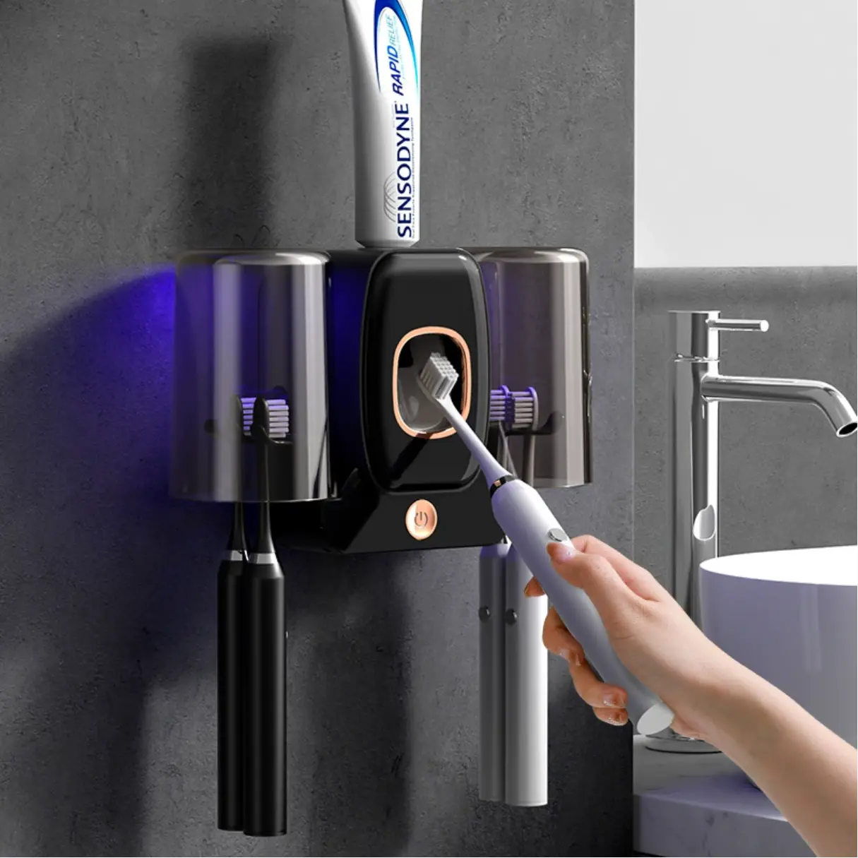 No-Drill UV Brush Steril Automatic Toothpaste Dispenser, Wall-Mounted Bathroom Organizer, Toothbrush Protector with 2 Dustproof Cups for Electric Oral Care Tools