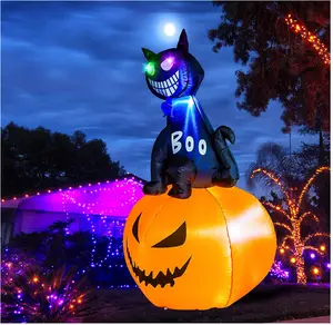 5 FT Halloween Inflatables Outdoor Cat Sit on Pumpkins with Changing Color, Halloween Blow Up Yard Decorations with Built-in LED Lights for Indoor Outdoor Party Garden Lawn Holiday Decor