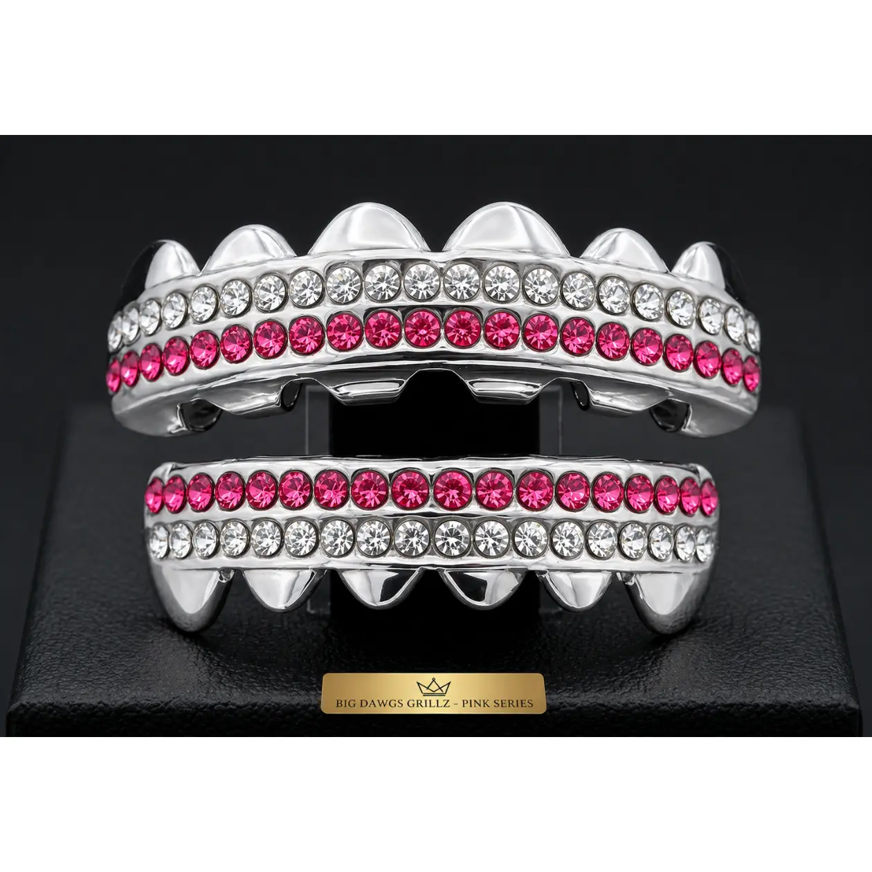 Silver Upper & Lower Teeth Grillz Set Pink Diamond Series