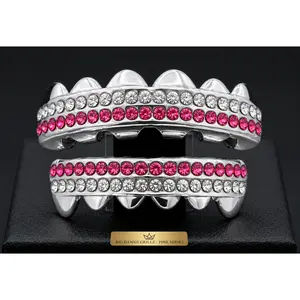 Silver Upper & Lower Teeth Grillz Set Pink Diamond Series