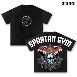 Spartan Gym Oversized Washed T-Shirt, Warrior Bodybuilding Graphic Tee, Fitness Workout Pump Cover Streetwear Men