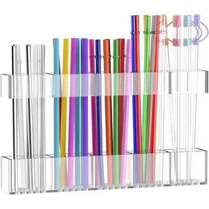 Straw Holder for Cabinet Door, 9.8 Inch Adjustable Acrylic Organizer with Ultra Sticky Adhesive Strips, Reusable Straw Storage Solution, Acrylic Display Rack