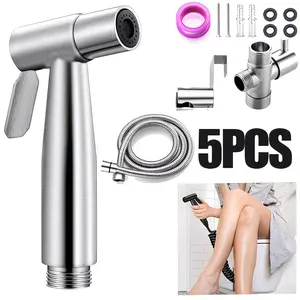 5PCS Stainless Steel Toilet Bidet Sprayer Kit – High Pressure Handheld Bathroom Sprayer with Holder & Hose | No Drill Wall Mount | 304 Grade | Pet Shower & Sink Cleane