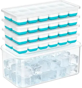 Ice Cube Tray with Lid & Bin - 4 Pack 48 Cubes Stackable Silicone Trays for Freezer with Storage Container, Leak-Proof Lids, BPA-Free, Easy Release for Kitchen, RV, Party, Cocktail & Coffee