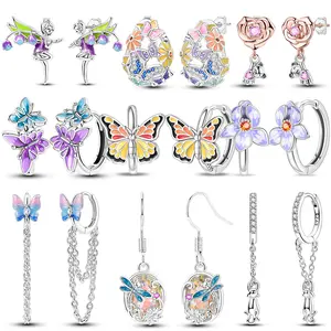 New Spring Series Earrings For Womens 925 Silver Color Butterfly Dragonfly Flower Rose Ear Studs Fine Valentine's Day Jewelry