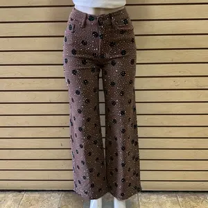Women's Brown Rhinestone Denim Jeans with Black Polka Dots