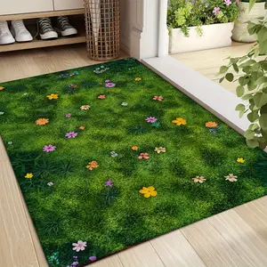 1pc Fresh Grass Green Background, Small Floral Print Floor Mat, Decorative Area Rug, Easy-to-Clean Room Decoration Mat, Flannel Material Thick, Absorbent and Non-slip, Suitable for Doorway, Bedroom, Bathroom, Kitchen, Entrance Do