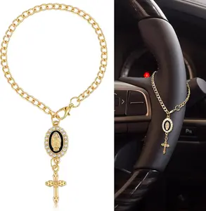 Steering Wheel Rosary Charm Accessory Cross Pendant  Decor Rearview Mirror  Rosary for Automotive Protection Charm Decor