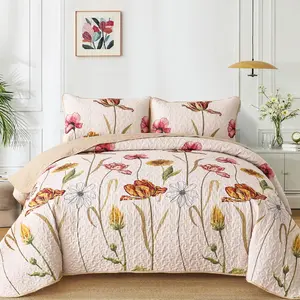 Quilt Set  Size, 3 count Floral Bedspread  Sets Soft Lightweight Microfiber Flower  Coverlet Set for  Season (96"x90")