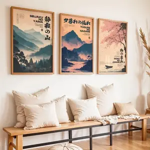 3 Pieces Optional Wooden Frame Retro Japanese Landscape Canvas Poster Simple Japanese Zen Decor Soft Color Living Room Bedroom Decor Wall Decor Style Serene Art Wall Decoration