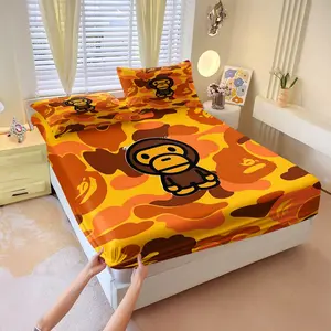 BAPE Baby Milo Camo Fitted Sheet Set, 1 Fitted Sheet & 2 Pillowcases, Soft Bedding Sheet Skin-Friendly Anti-Slip Wrinkle Resistant, Trendy Street Elements and Cute Cartoon, Personalized Trend Bedroom Decor
