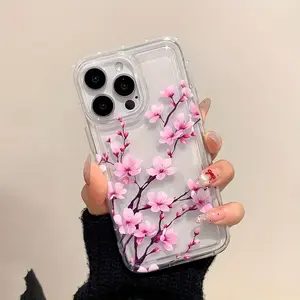 Pink Sakura Hand-painted Protective Case, Comfortable Grip, for iPhone 17 Air/16 Plus/15 Pro Max/14 Pro/13/12/11 and Other Mobile Phone Cases/Full Protection Shockproof Phone Case/Suitable as a Gift for Family or Friends/QNK35