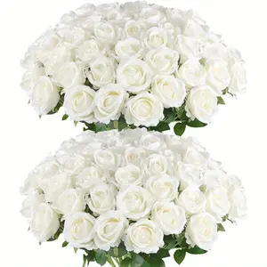 QU12/24/48 pcs Artificial Rose Howers LongStem Fake Silk Roses for DIY Wedding Bouquet Table Centerpiece HomeDecor, Realistic Silk White Roses, Suitable for Valentine’s Day, Mother’s Day, Halloween, Christmas, Floral Arrangements & Home Decor