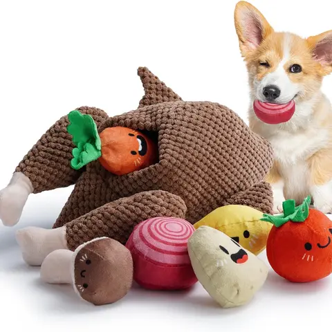 Nocciola 7-in-1 Animal Print Fabric Thanksgiving Turkey Dog Puzzle Toy - 6 Veggie Squeak Toys (Potatoes, Mushrooms, Lemons, Onions), Cartoon Design, Relieves Sore Gums, Promotes Dental Health, Mentally Stimulating for Small-Medium Dogs