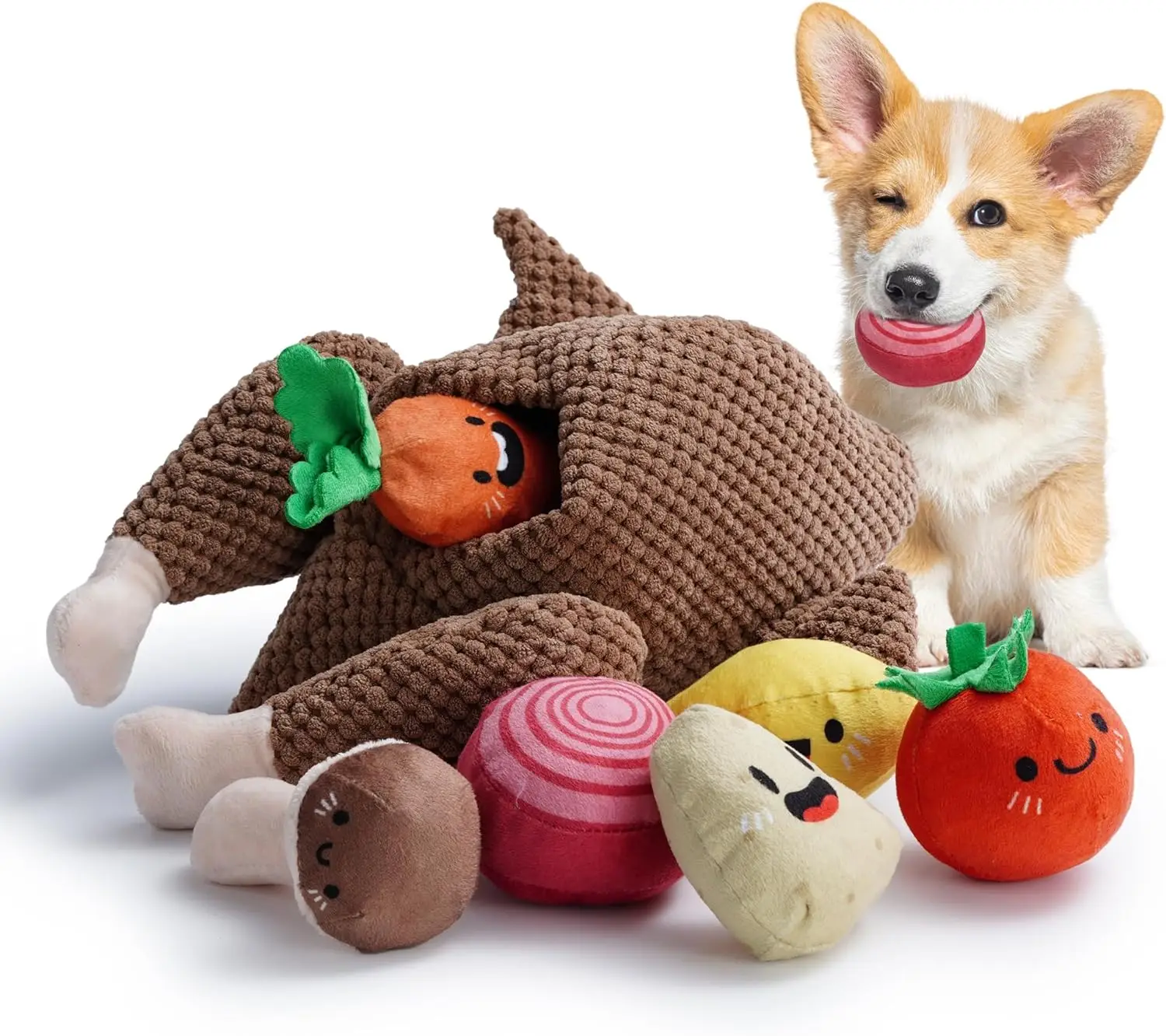 Nocciola 7-in-1 Thanksgiving Turkey Dog Toy,Big Turkey Puzzle Toy with 6 Squeaky Veggie Plush Toy, Interactive Enrichment Dog Toys for All Breeds