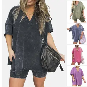 Women Washed 2 Piece Set Lounge Set Oversized Tops Biker Shorts V Neck Drop Shoulder Comfy Casual Clothing Basic Womenswear Suits Overalls  pjs loungewear loosewearGift