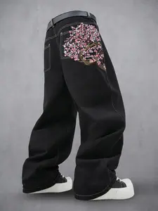 Vintage Gradient Floral Embroidered Wide Leg Jeans, Retro Loose Fit Denim Jeans, Casual Daily Wear, Streetwear, All Seasons Fashion