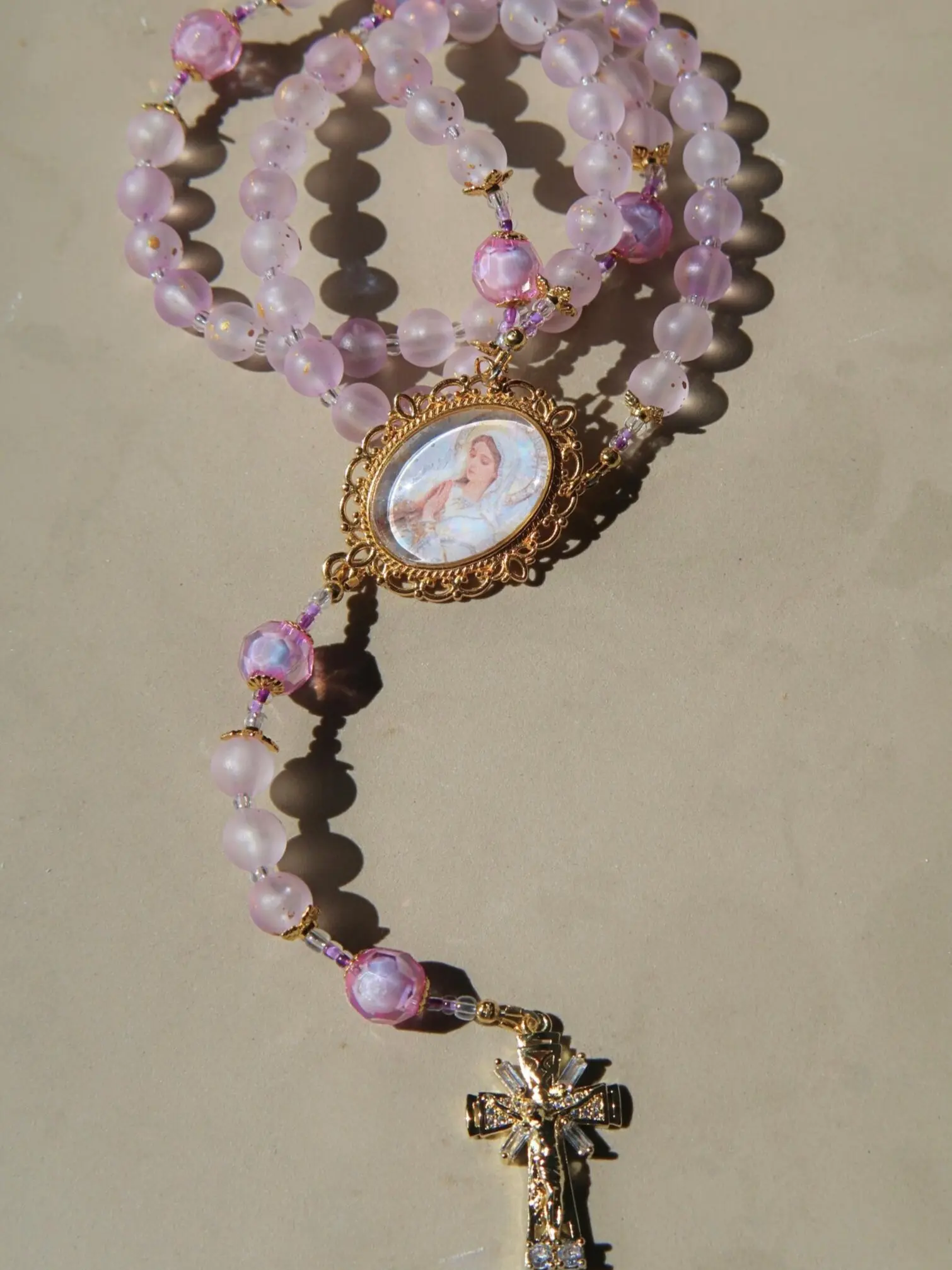 Pink Catholic Rosary – Handmade Marian Prayer Beads | Soft Pink Devotional Rosary with Virgin Mary Centerpiece | Catholic Gift