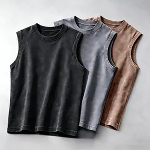 Men's Vintage Washed Heavyweight Cotton Tank Top - Plain, Sleeveless, Oversized Loose Fit, Summer Casual Street Wear, Workout Gym Vest (Menswear)