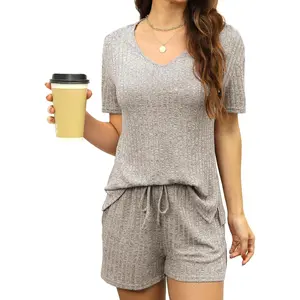 Womens Pajama Sets V Neck Ribbed Knit Lounge Sets Sleepwear Short Sleeve Matching Pjs Two Piece Sets for Summer