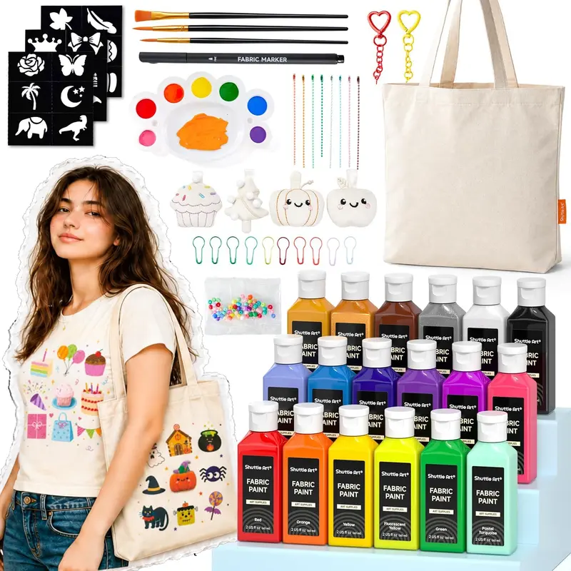 Shuttle Art 69 PCS DIY Fabric Paint Set with Tote Bag & Accessories 18 Colors 2oz Fabric Paint with Painting Supplies for DIY Crafts, Ideal for Halloween, Christmas, Birthday, Holidays