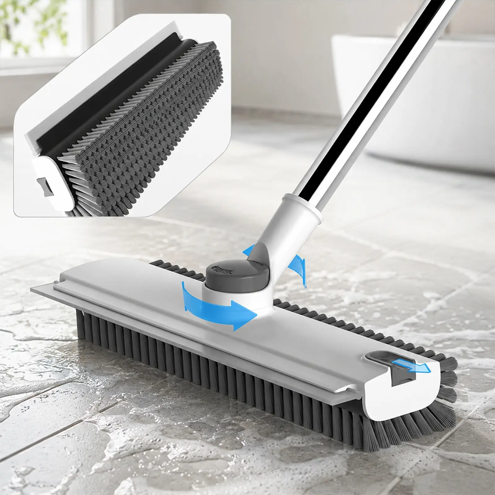 3-in-1 Rotatable Household Bathroom Floor Scrub Brush with Telescopic Stainless Steel Long Handle, 360° Swivel Bristle Head & Squeegee, Durable Cleaning Tool for Tile Surfaces, Concrete Walls