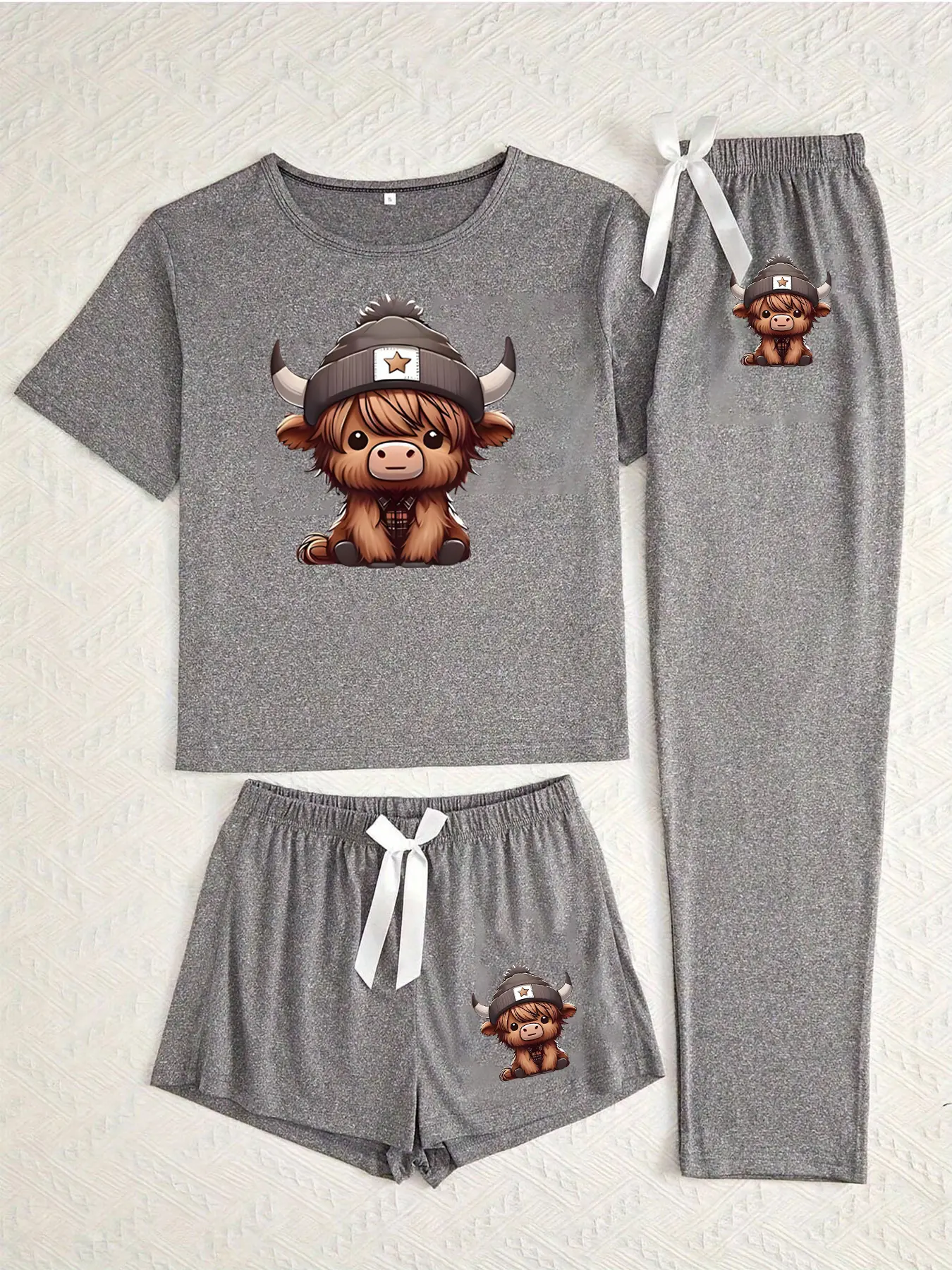 Women's Three-Piece Sleepwear Set, Cartoon Highland Cow Print, Fitted Casual Style, All Seasons Wear, Comfortable Nightwear, Cute Pajama Sets, Sleepwear Pajamas Set