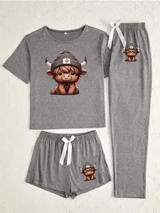 Women's Three-Piece Sleepwear Set, Cartoon Highland Cow Print, Fitted Casual Style, All Seasons Wear, Comfortable Nightwear, Pajama Set