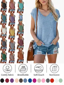Women's Sleeveless Vest Summer Cross-Border V-Neck Solid Color Casual Loose Short Sleeve Top, Comfortable and Stylish Design